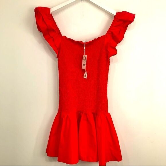Zara Red Smocked Bodice Drop Waist Tiered Ruffle Form Fitted Mini Dress NEW - Picture 6 of 16